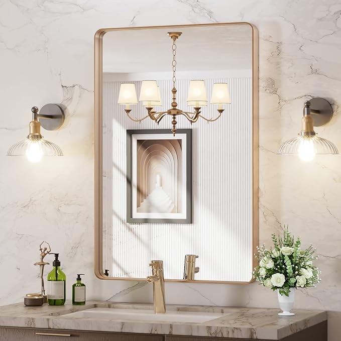 LOAAO 24”X36” Gold Bathroom Mirror, Rounded Rectangle Gold Frame Mirror