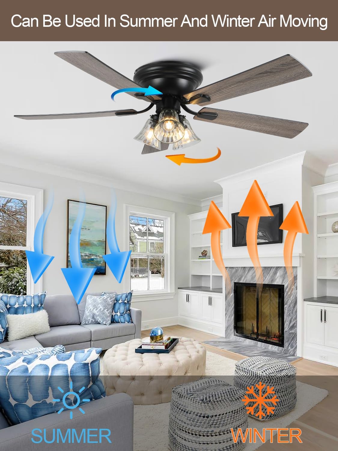 52 Inch Vintage Flush Mount Ceiling Fan with Lights and Remote