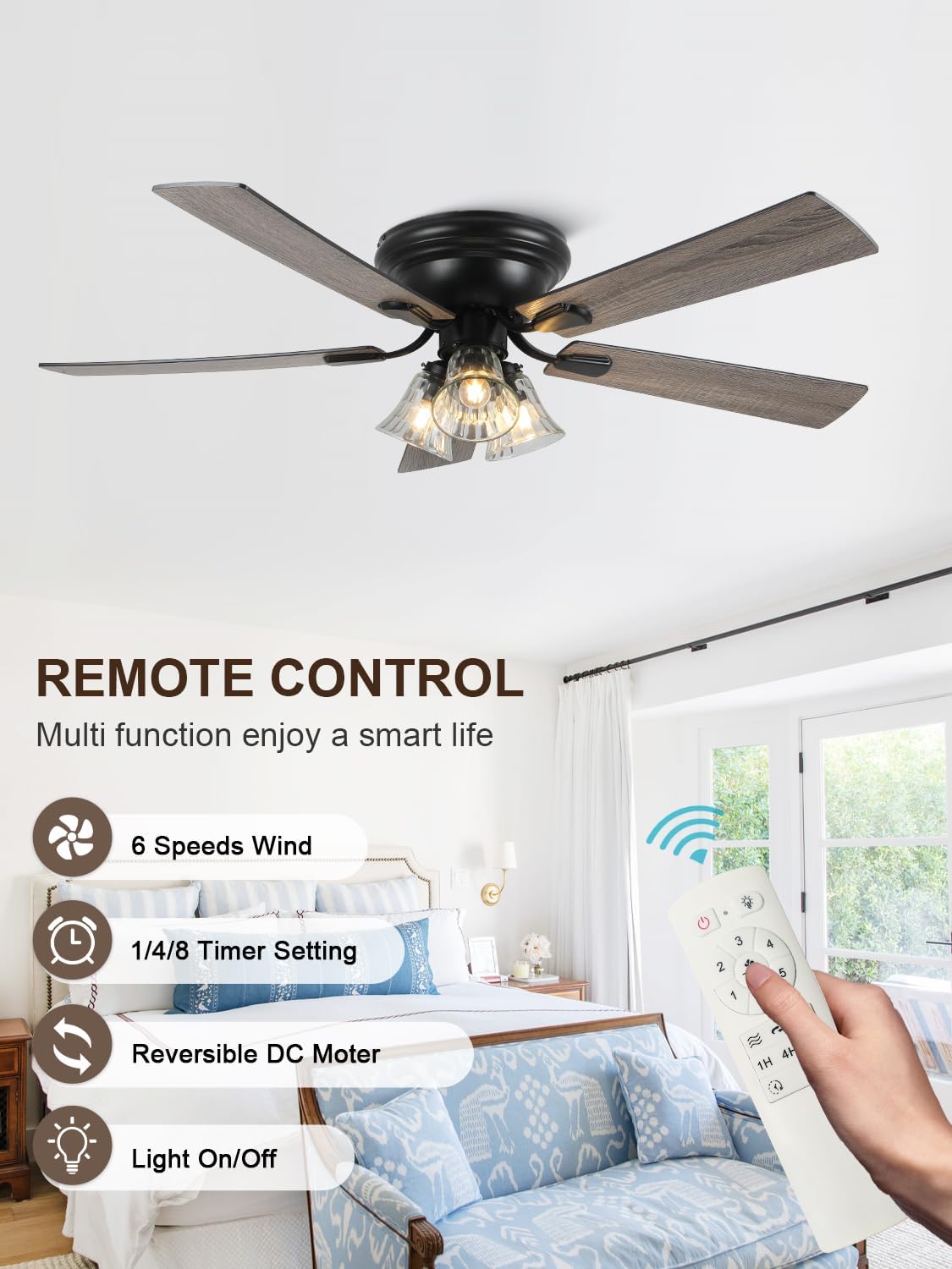 52 Inch Vintage Flush Mount Ceiling Fan with Lights and Remote