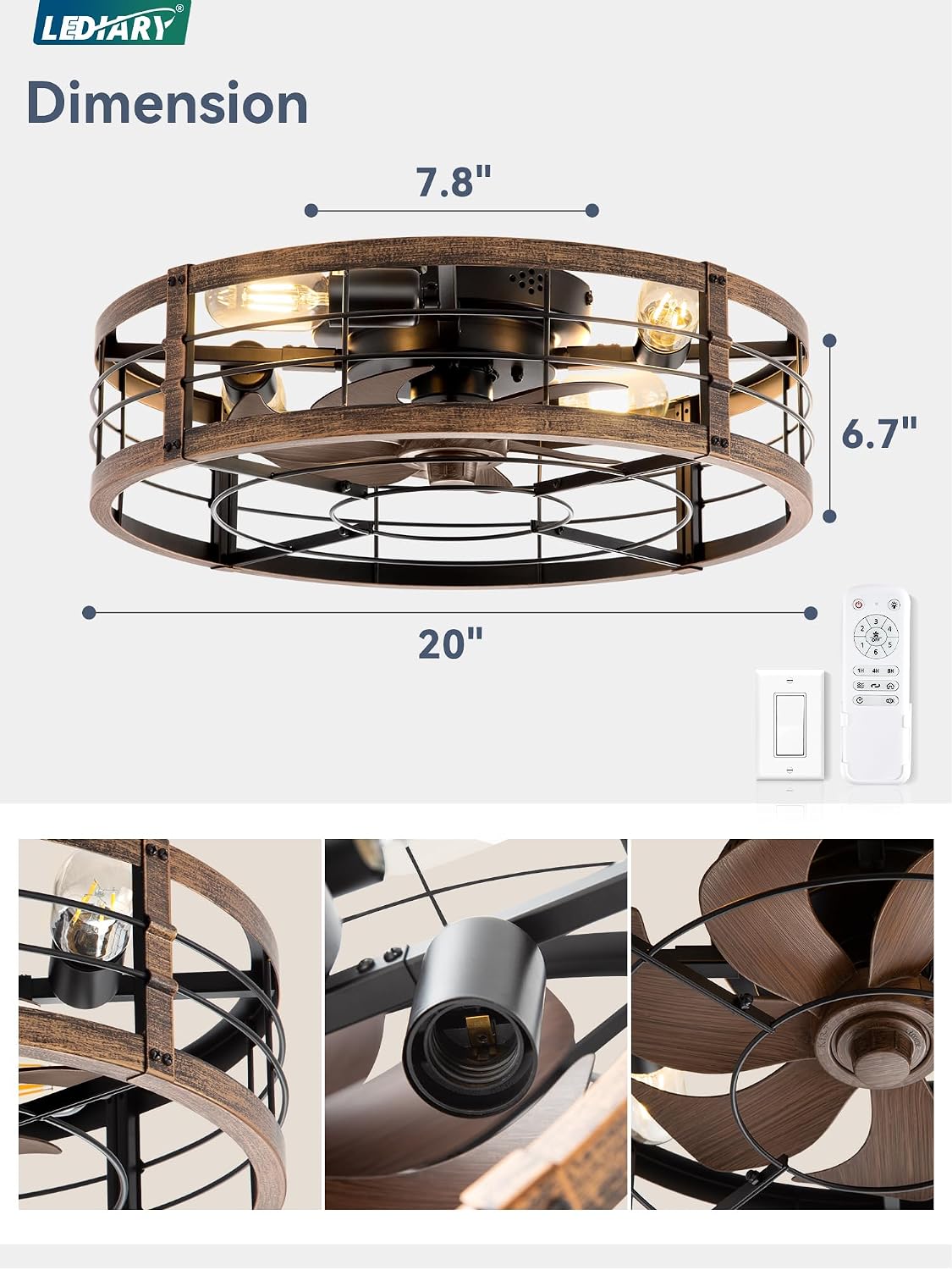 LEDIARY 20" Caged Low Profile Ceiling Fan with Light and Remote Black Gold