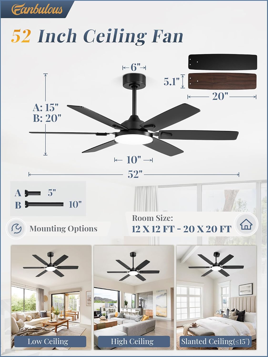 Fanbulous 52 Inch Ceiling Fans with Lights,Remote Control&2 Rods