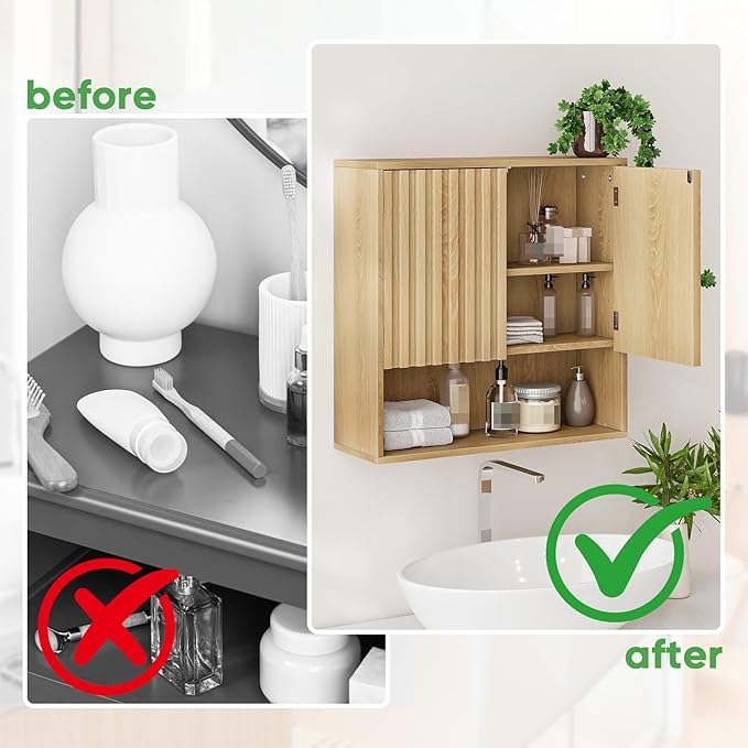 Smuxee Fluted Bathroom Cabinet Wall Mounted, Wooden Medicine Cabinet