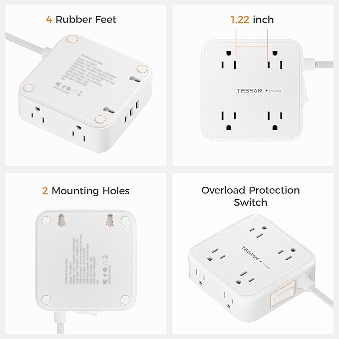 TESSAN 10 Ft Flat Plug Extension Cord