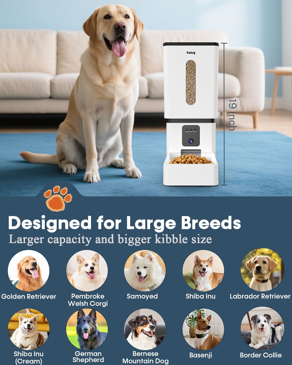 Automatic Dog Feeder Large Breed: 12L/50 Cup Capacity for Kibble up to 20mm