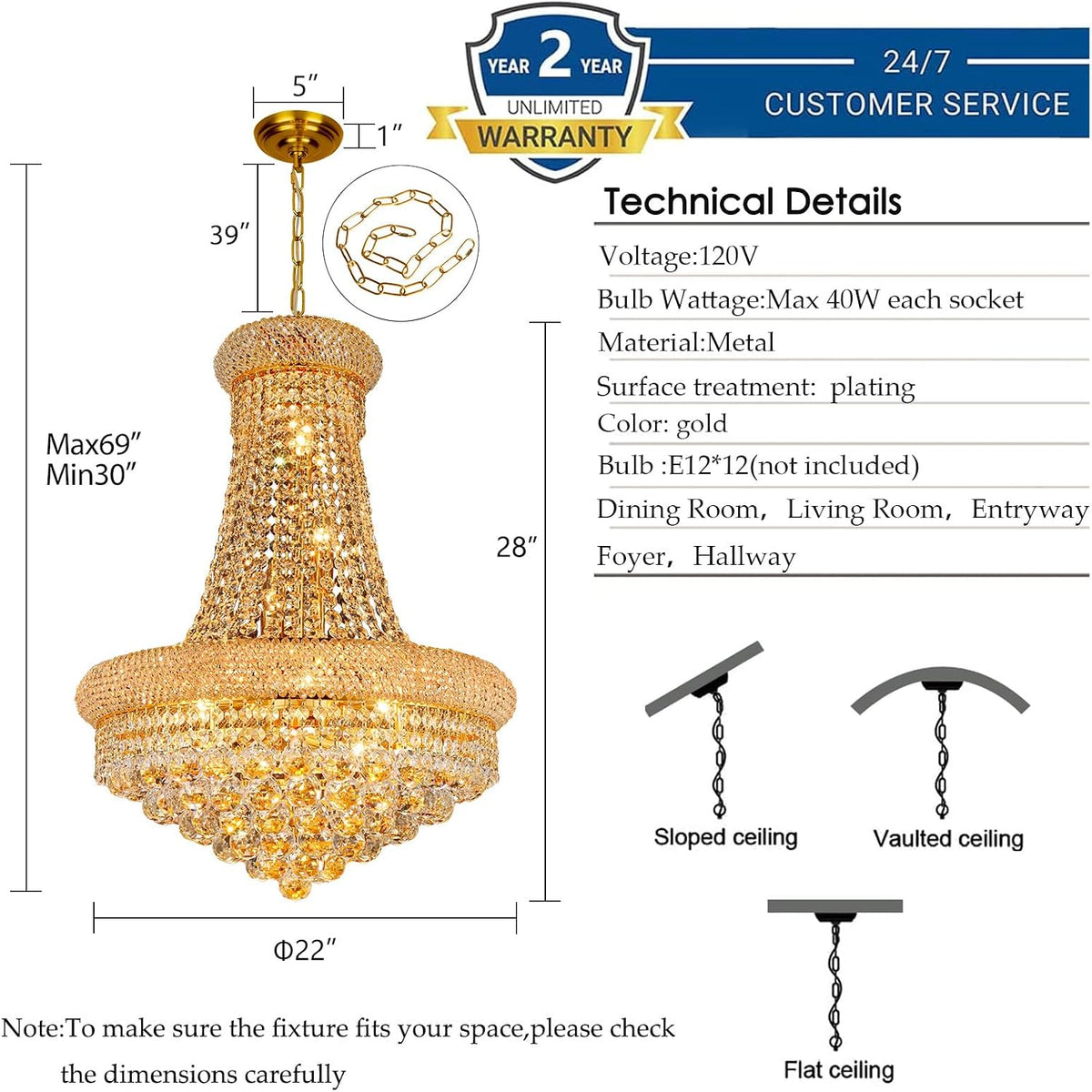 Gold Crystal Chandeliers for Dining Room，12-Lights D22 Inch