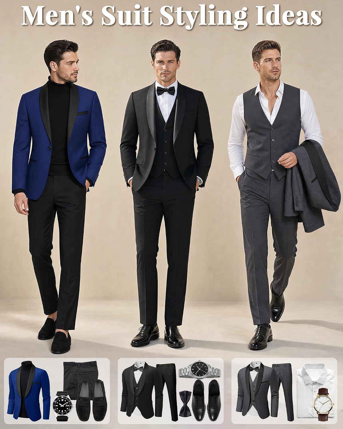 MY'S Men's 3 Piece Tuxedo Set with Tie, Shawl Lapel Suit Blazer Vest ...