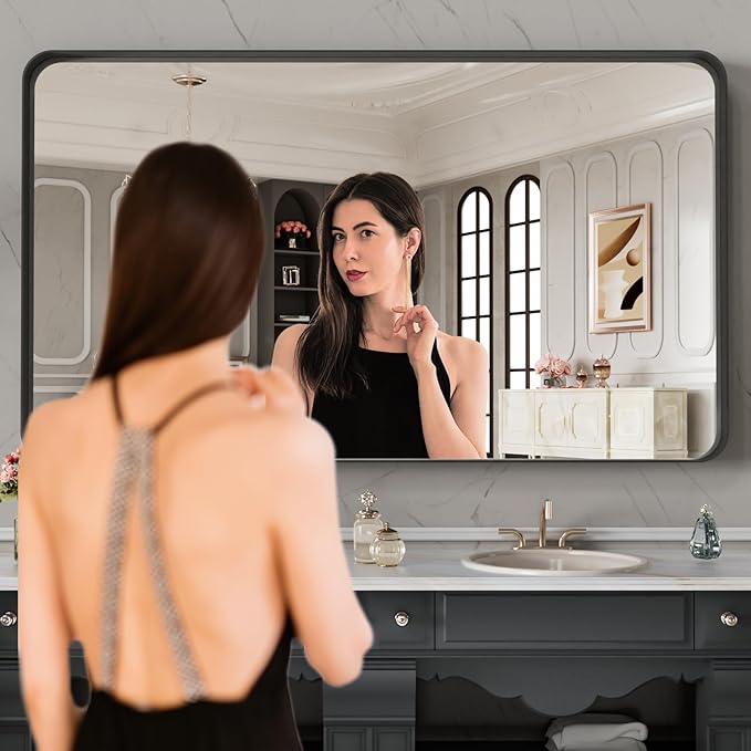 LOAAO 48X28 Inch Black Metal Framed Bathroom Mirror