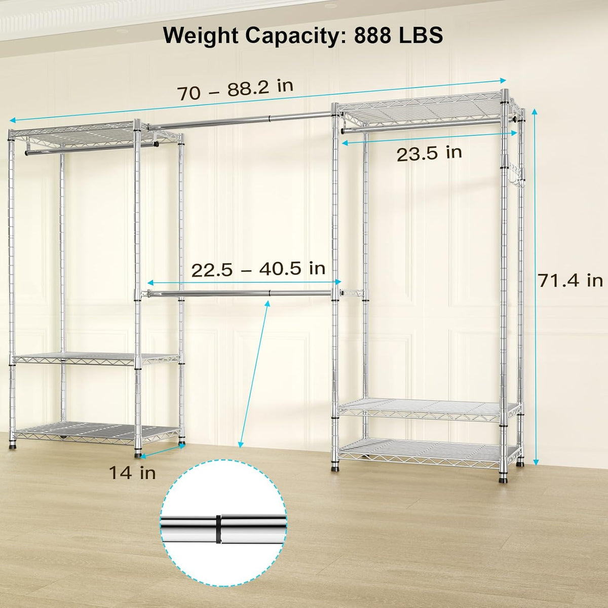 Ulif E1 Heavy Duty Closet Garment Rack, 6 Tiers Adjustable Clothing Storage