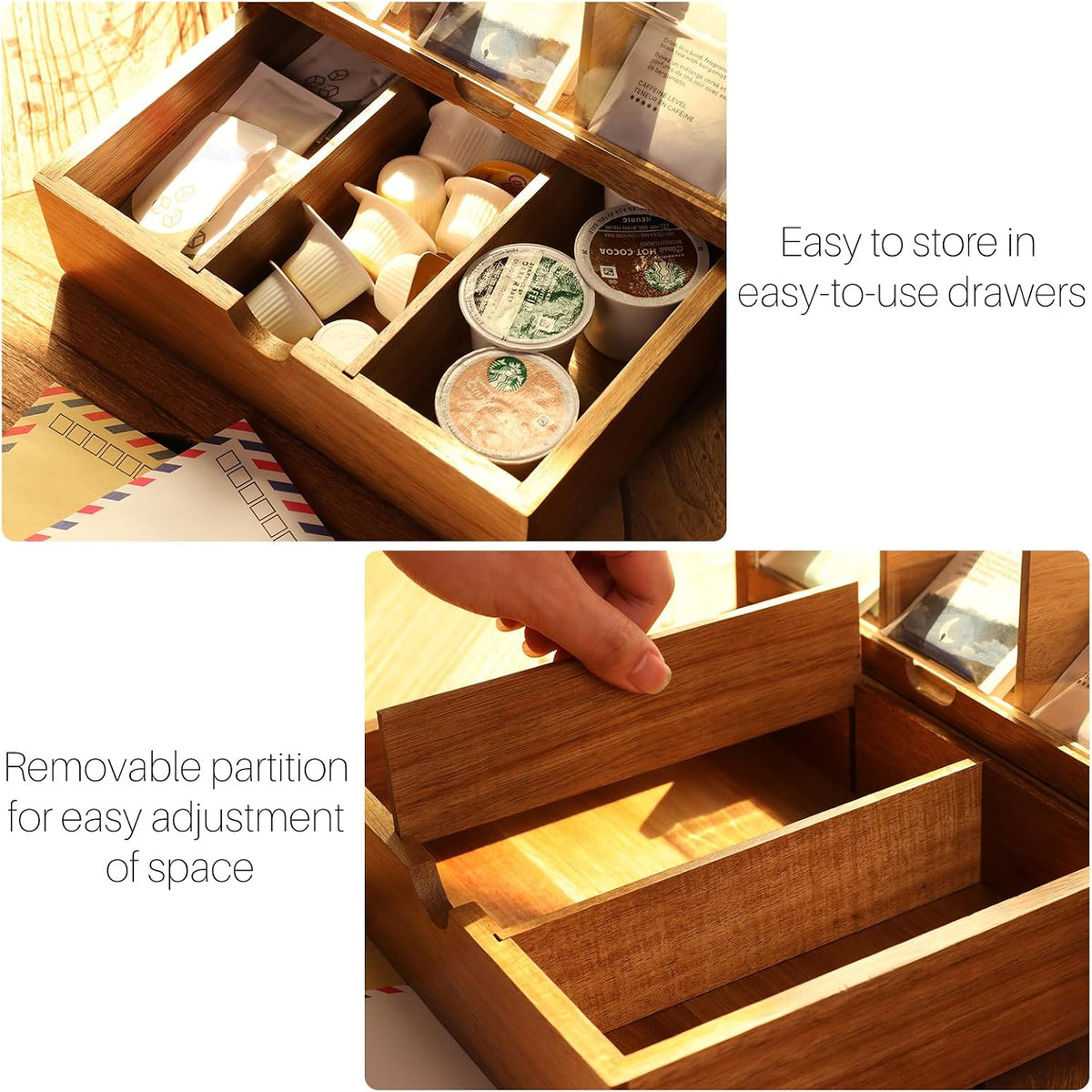 HTB Acacia Wood Tea Organizer 2 Tier with Drawer,Large Capacity