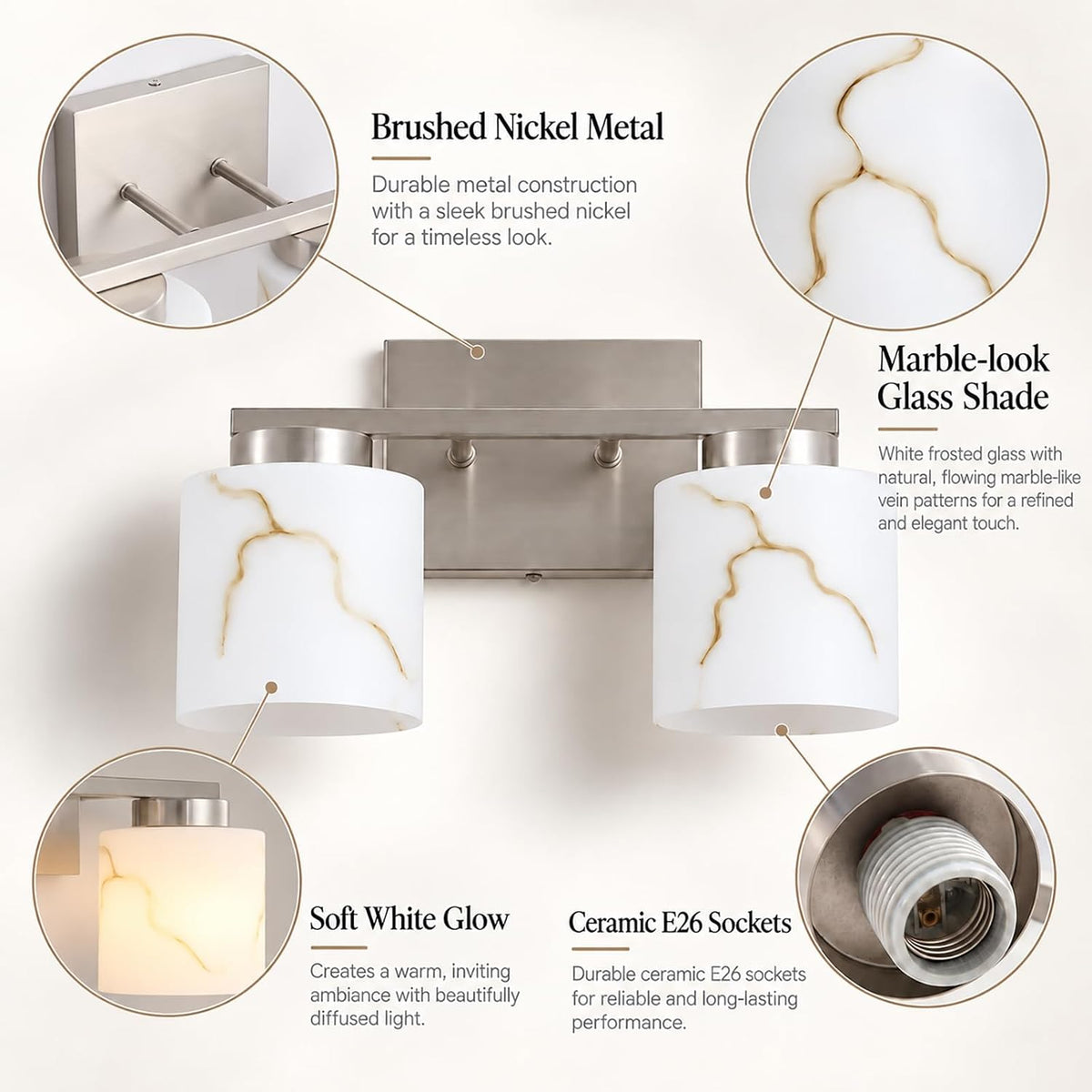 2-Light Brushed Nickel Bathroom Vanity Light, Frosted Marble-Look Glass