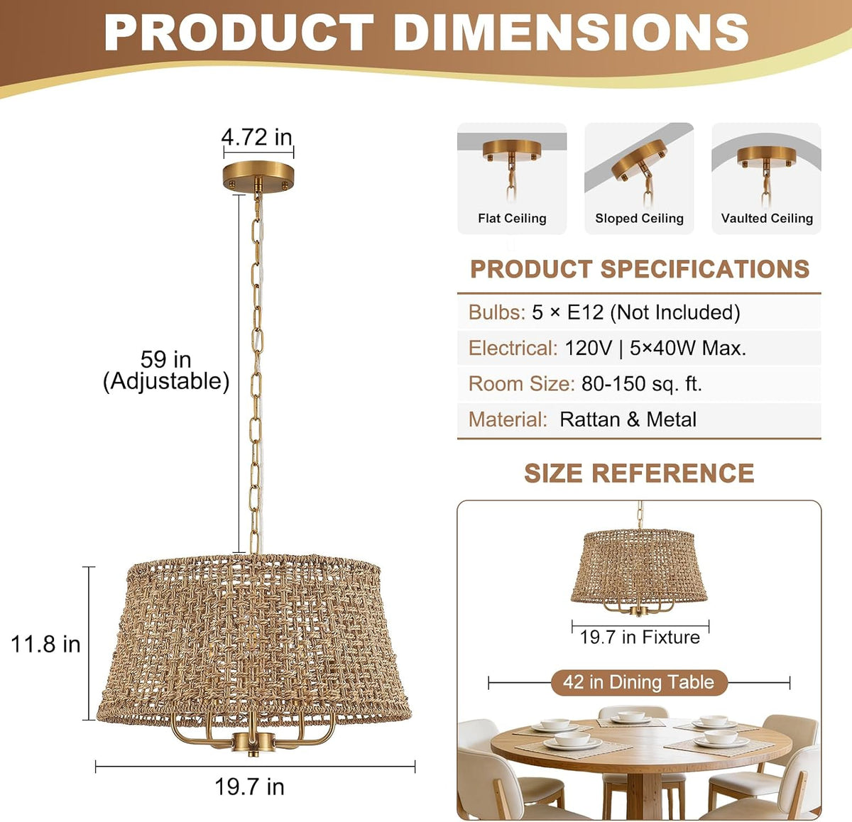 19.7" Boho Rattan Chandelier, 5-Light Gold Wicker Light Fixture