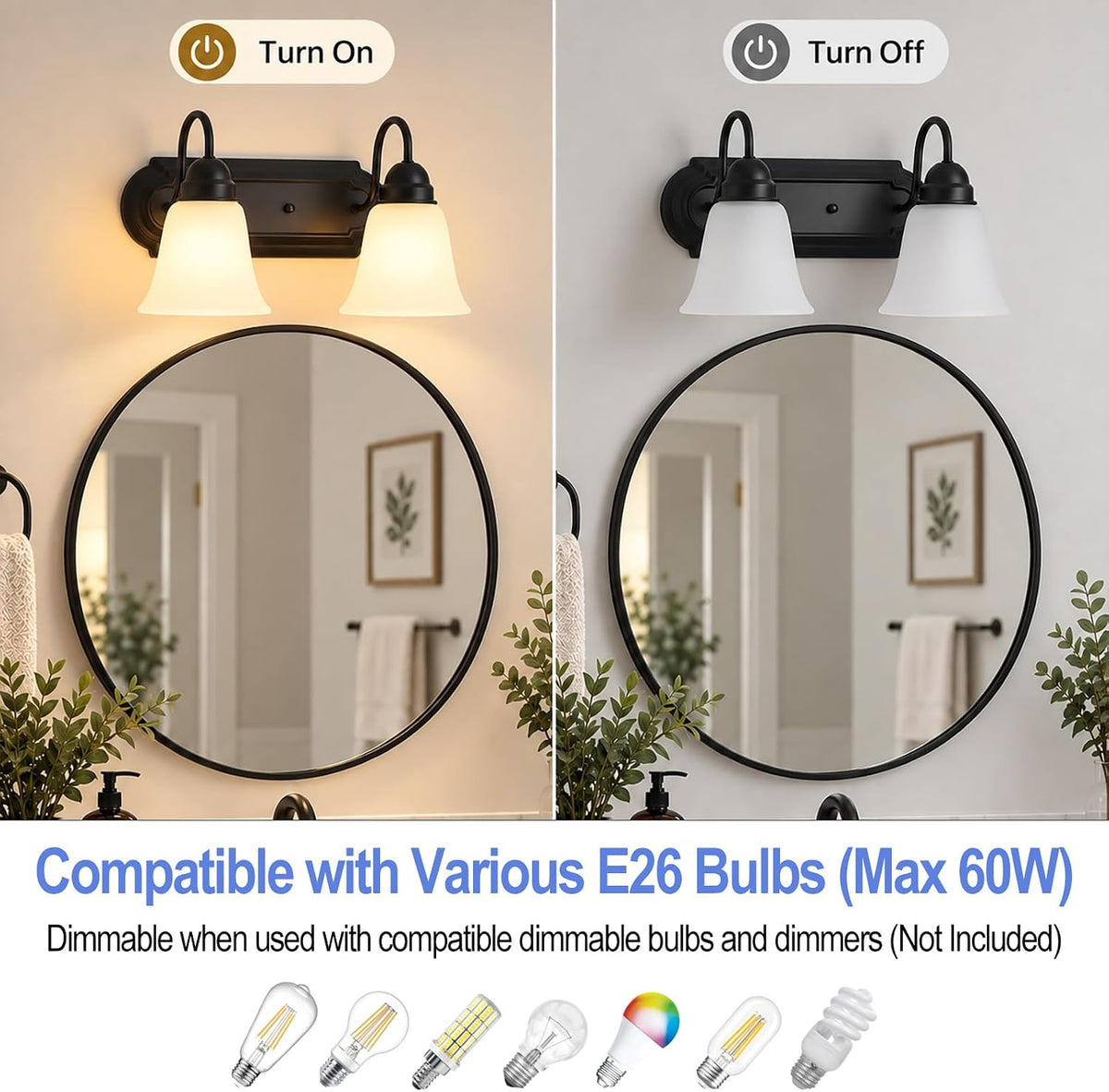 2-Light Bathroom Vanity Light, Black Wall Light with Frosted Glass Shades