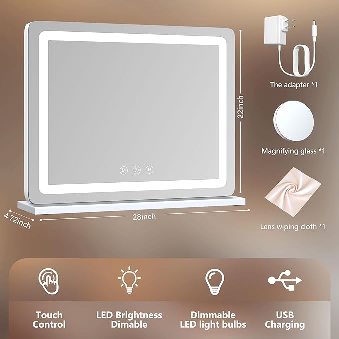 Makeup Vanity Mirror with USB Charging Port 28" x 22" Large LED Mak...