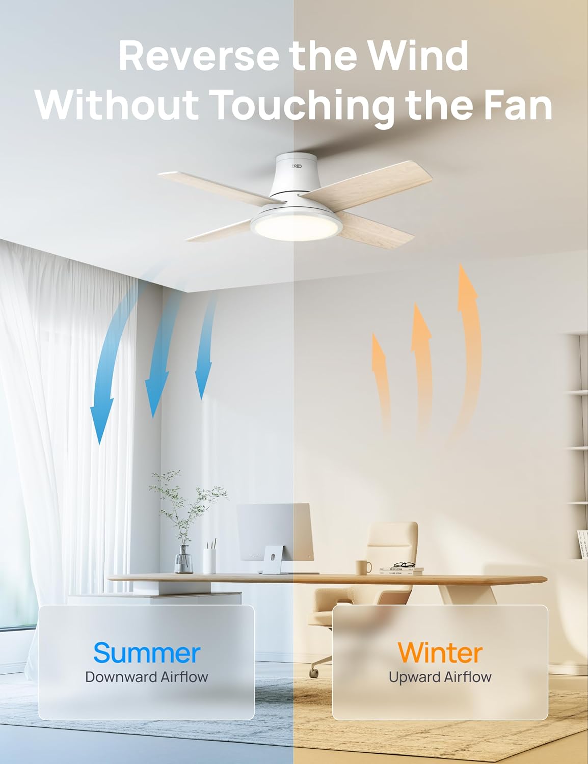 DREO Ceiling Fans with Lights, 44'', RGBIC Flush Mount Smart Ceiling Fan