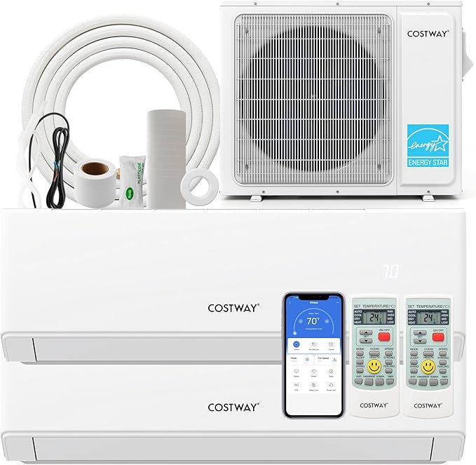 COSTWAY 18k Dual 2 Zone Mini Split Air Conditioner, 22 SEER2 9000 BTU+ 12000 BTU