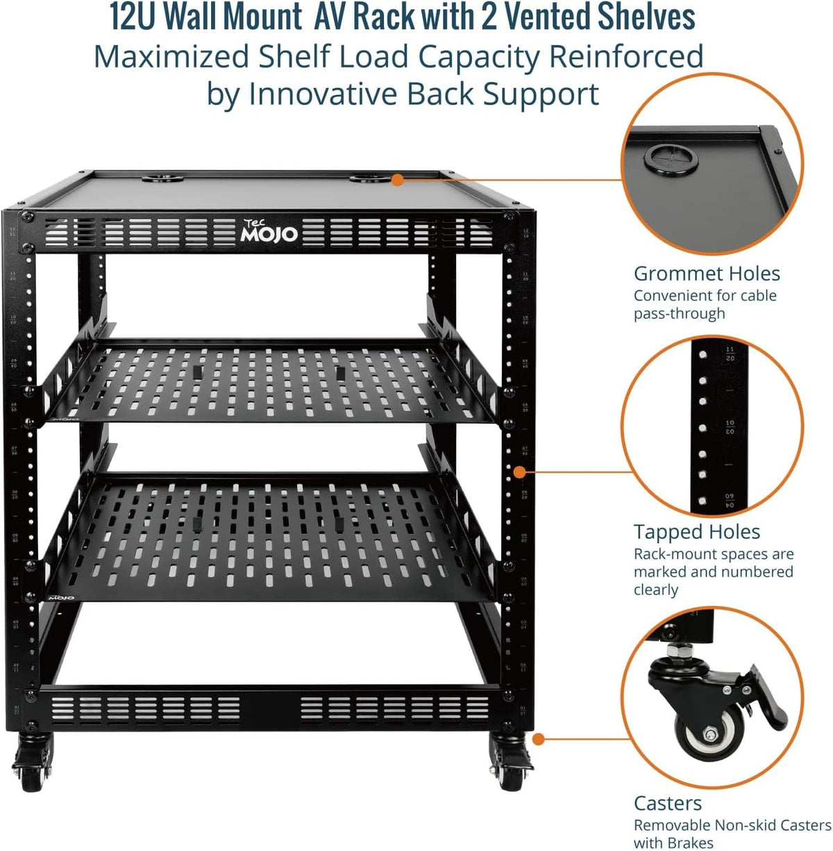 TECMOJO 12U Open Frame Network Rack for IT & AV Gear, 4-Post With Casters...