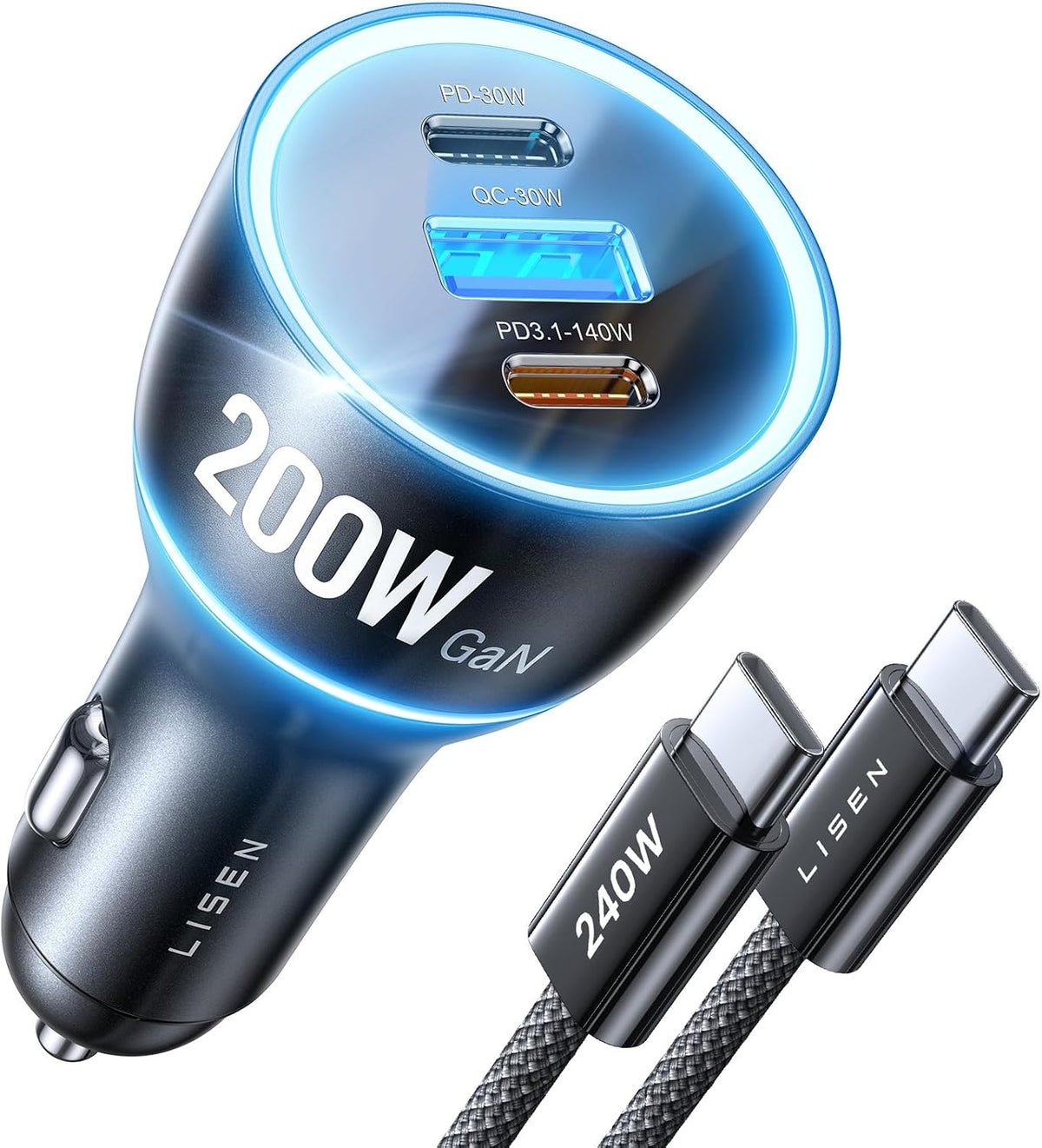 LISEN 200W Car Charger USB C Fast Charge [GaN] PD 140W Fast Car Charger