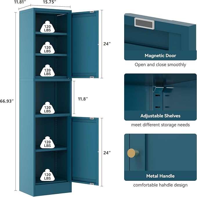 2-Door Metal Storage Cabinet, Tall Slim Pantry Organizer