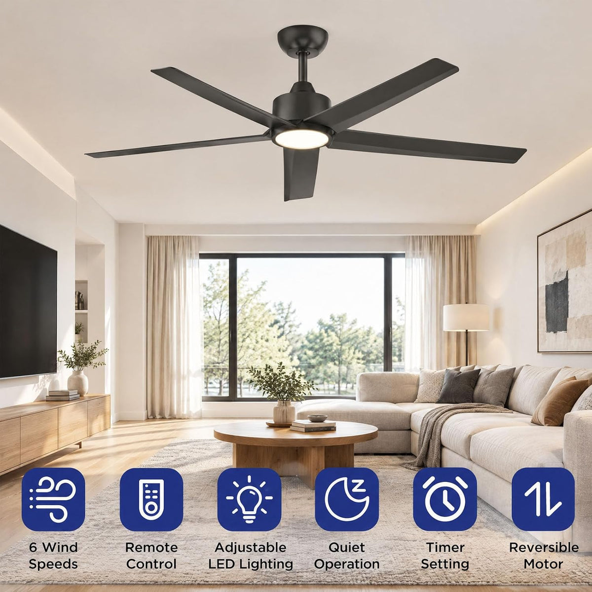 ocioc 52 inch Ceiling Fans with Lights and Remote,Black,Powerful Airflow