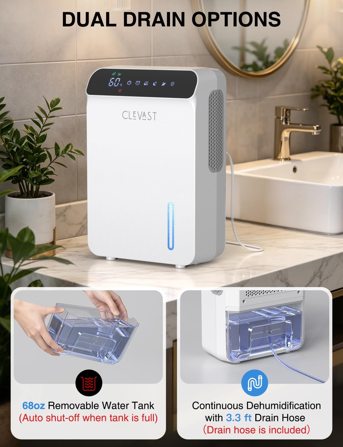 Dehumidifier for Bedroom, Bathroom, with Drain Hose, Quiet, Up to 500 Sq.ft