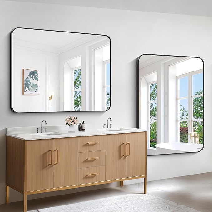 Bathroom Mirror, 48x36 inch Black Rectangle Wall Mirror, Metal Frame Rounded