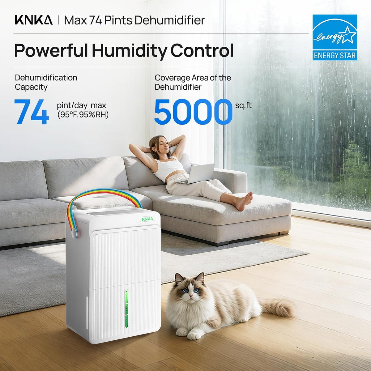KNKA Energy Star 5000 Sq.Ft Dehumidifier for Basement, Max 74 Pint/Day