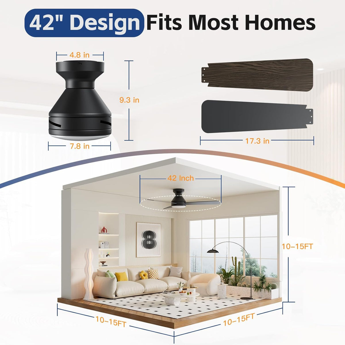 42 Inch Ceiling Fans with Lights And Remote, 3CCT/Flush Mount/6 Speed/Black