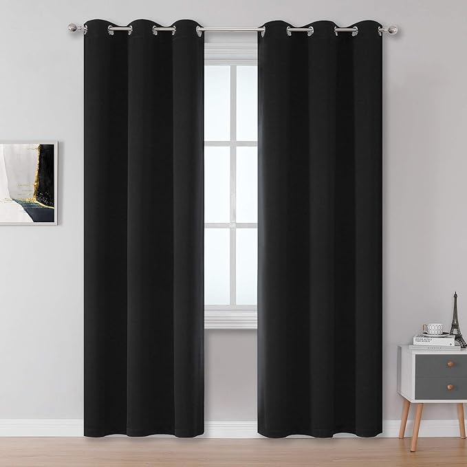 DUALIFE Black Blackout Curtain for Living Room 84 Inch Length Solid Energy (S...