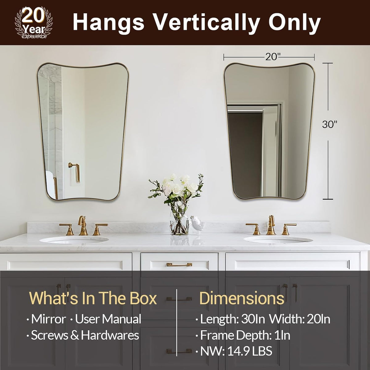 Irregular 20"x30" Brushed Gold Vanity Mirror | Anti-Rust Stainless ...