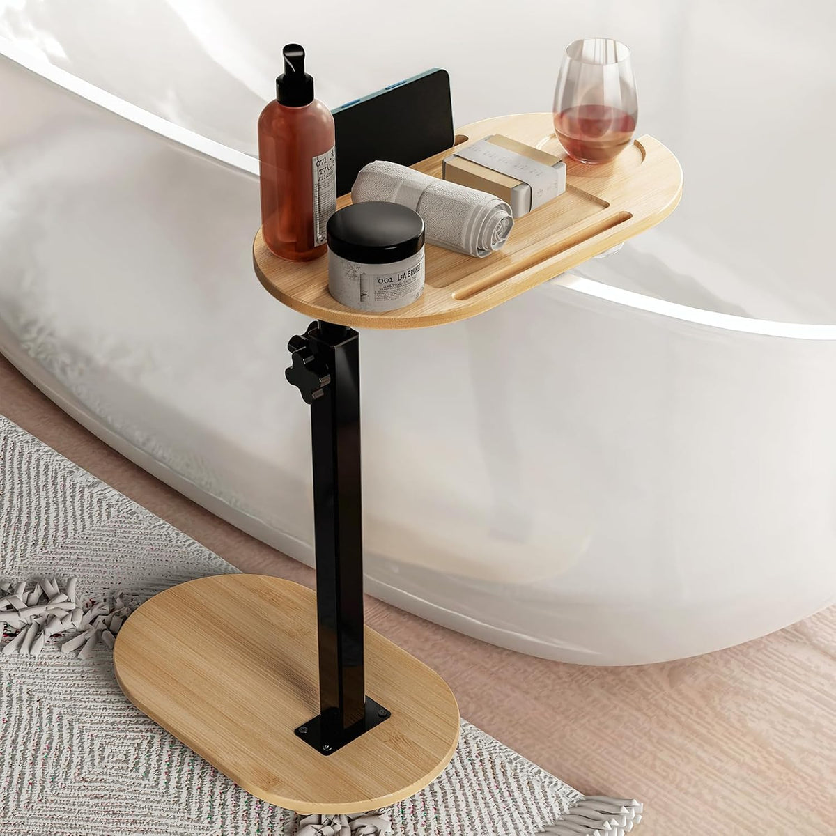Yumkfoi Bamboo Bath tub Tray Table with Adjustable Height