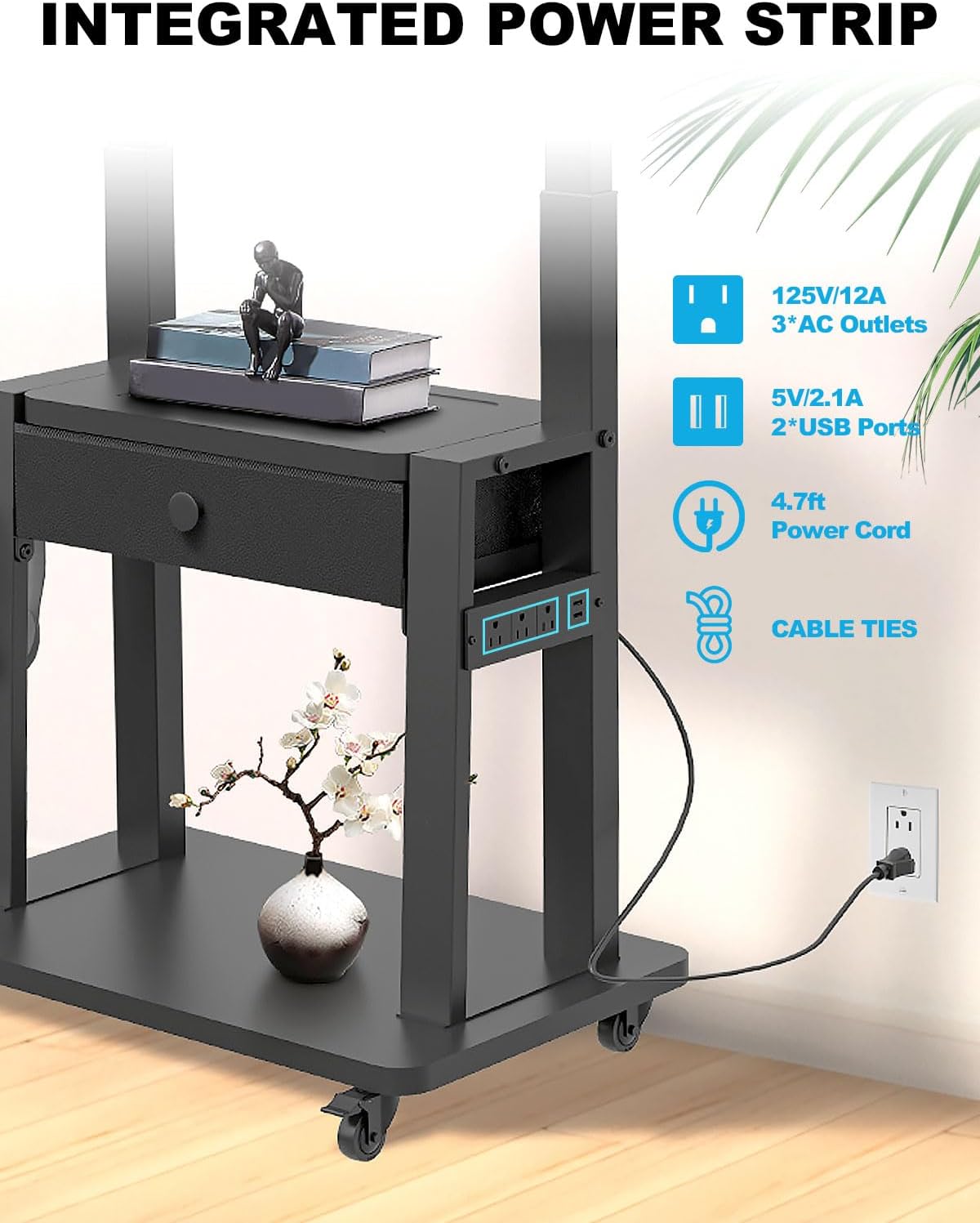 Rolling TV Stand with Power Outlet and Fabric Drawer for 32-75 Inch Flat/Curv...