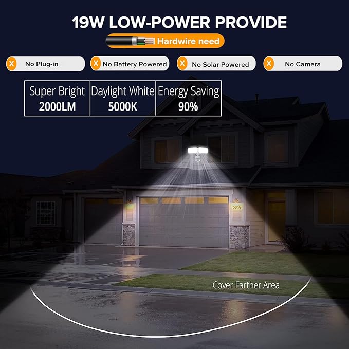 UME 2 Pack 19W LED Flood Light Motion Sensor Outdoor, 2 Adjustable Head