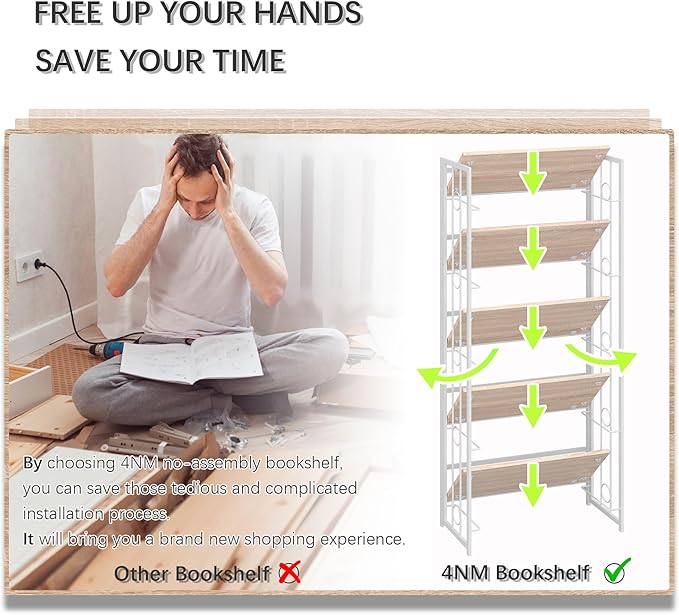 4NM No Assembly 5 Tiers Folding Bookshelf, 59.4" H Foldable Storage Shelves