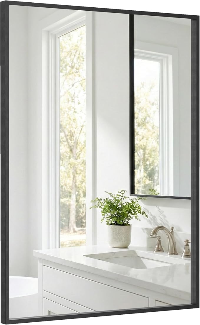 24''x36'' Matte Black Bathroom Mirror | Deep-Set Recessed Met...