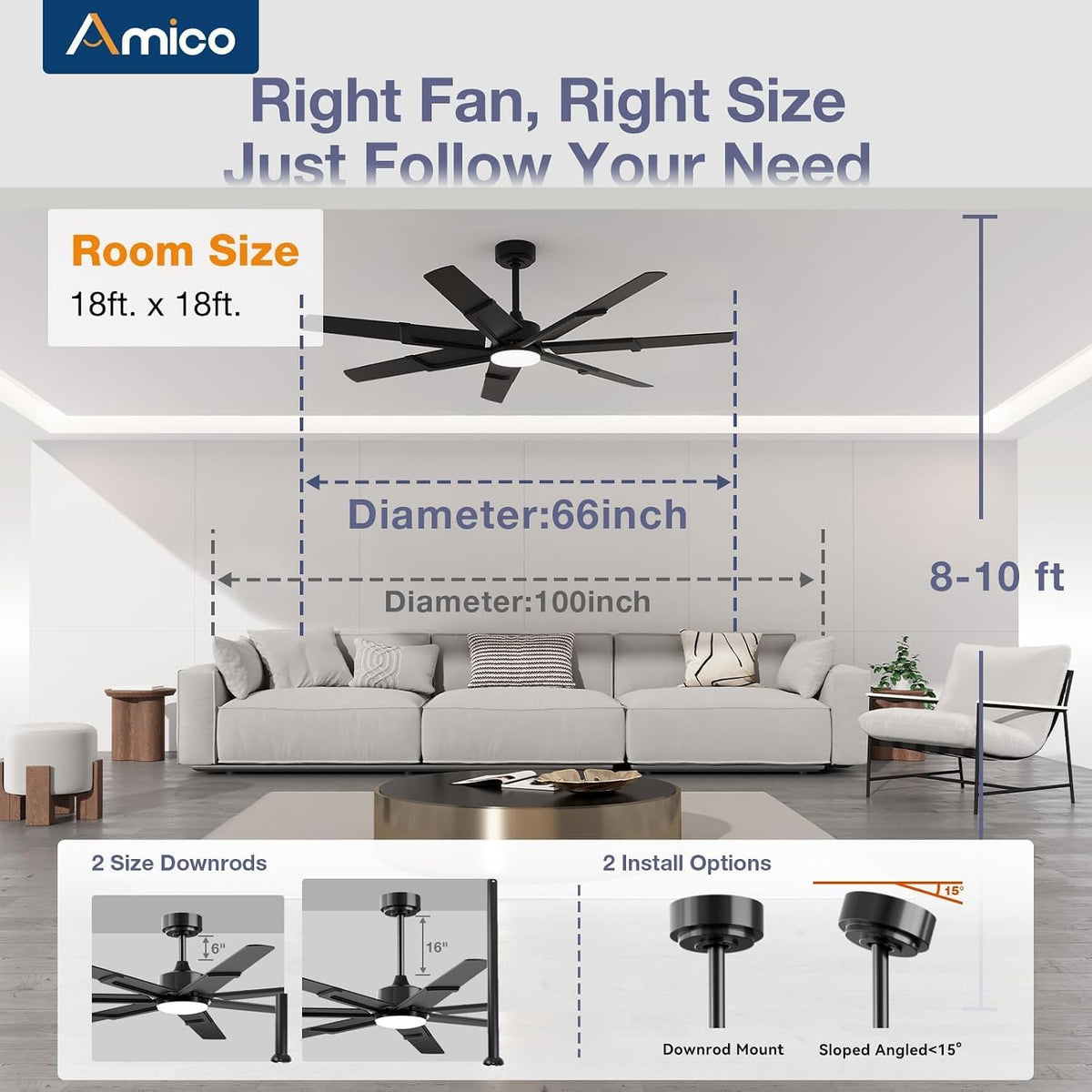 Amico 66 Inch Ceiling Fans with Lights and Remote, Black
