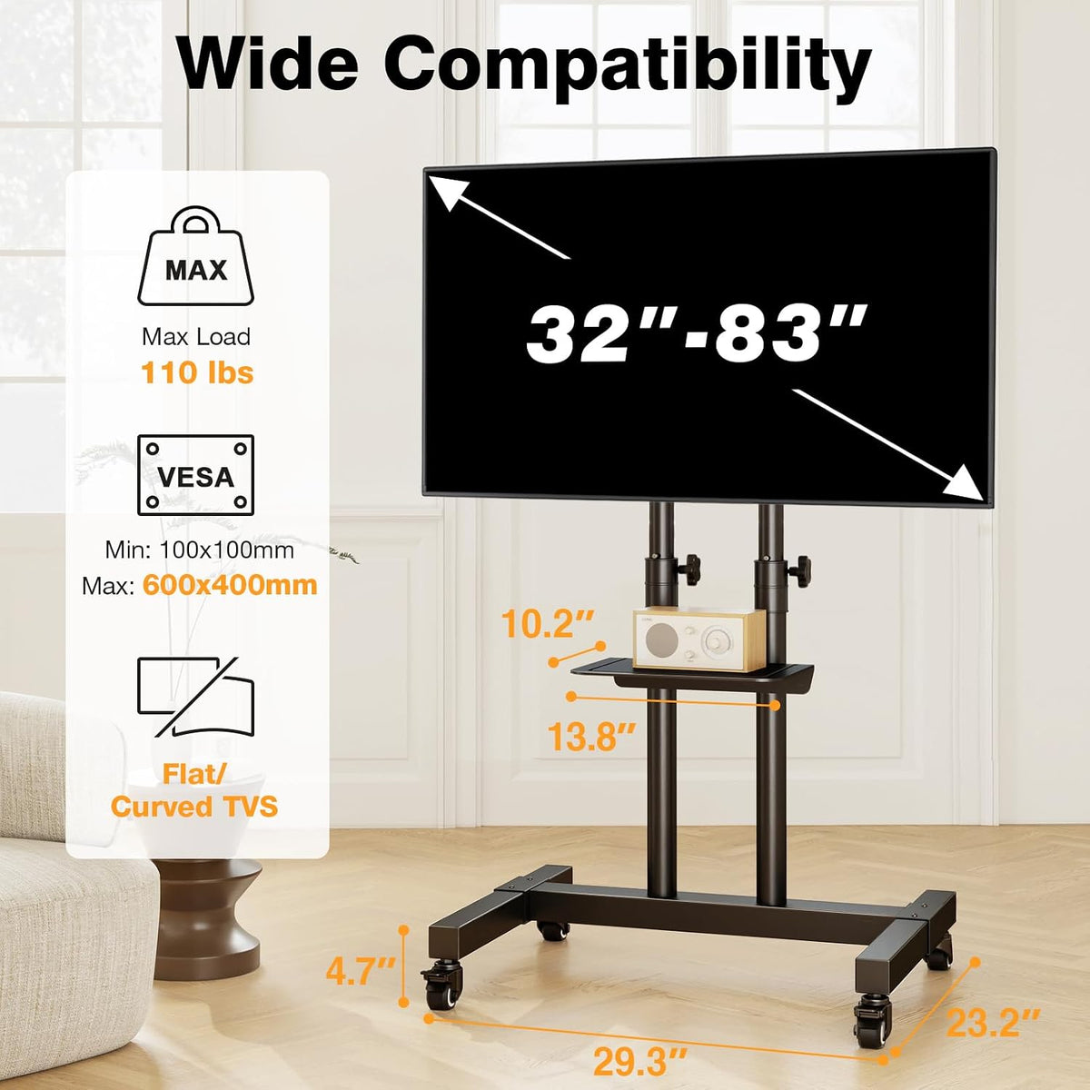 TAVR Mobile TV Stand Rolling TV Cart Floor Stand with Mount for 32-83 Inch
