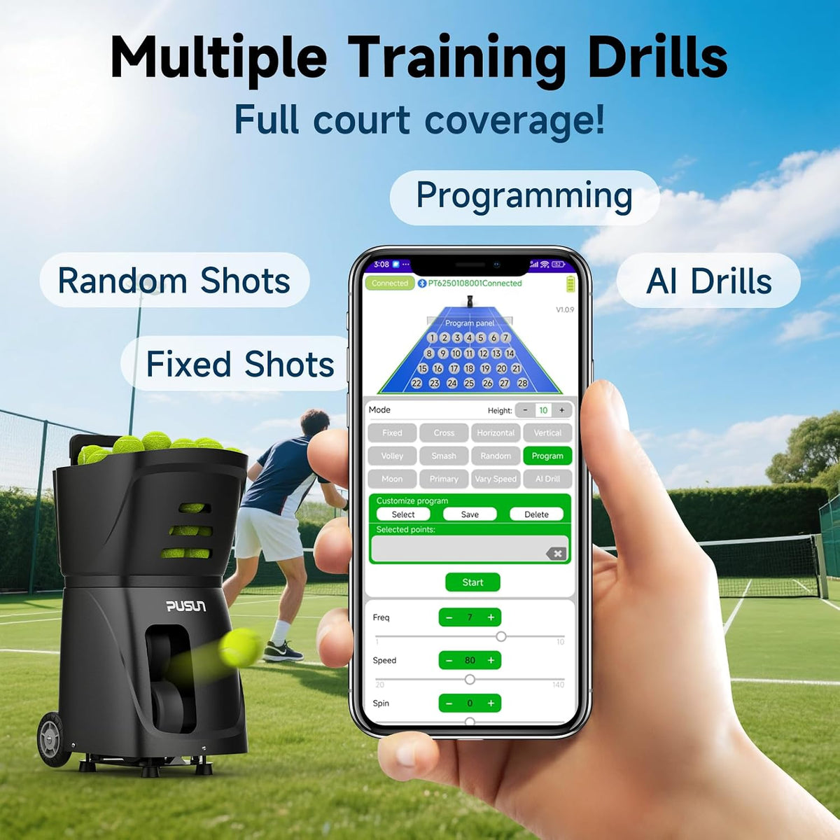 Tennis Ball Machine, PT-Smart Tennis Ball Machine with App/Remote/iWatch Cont...