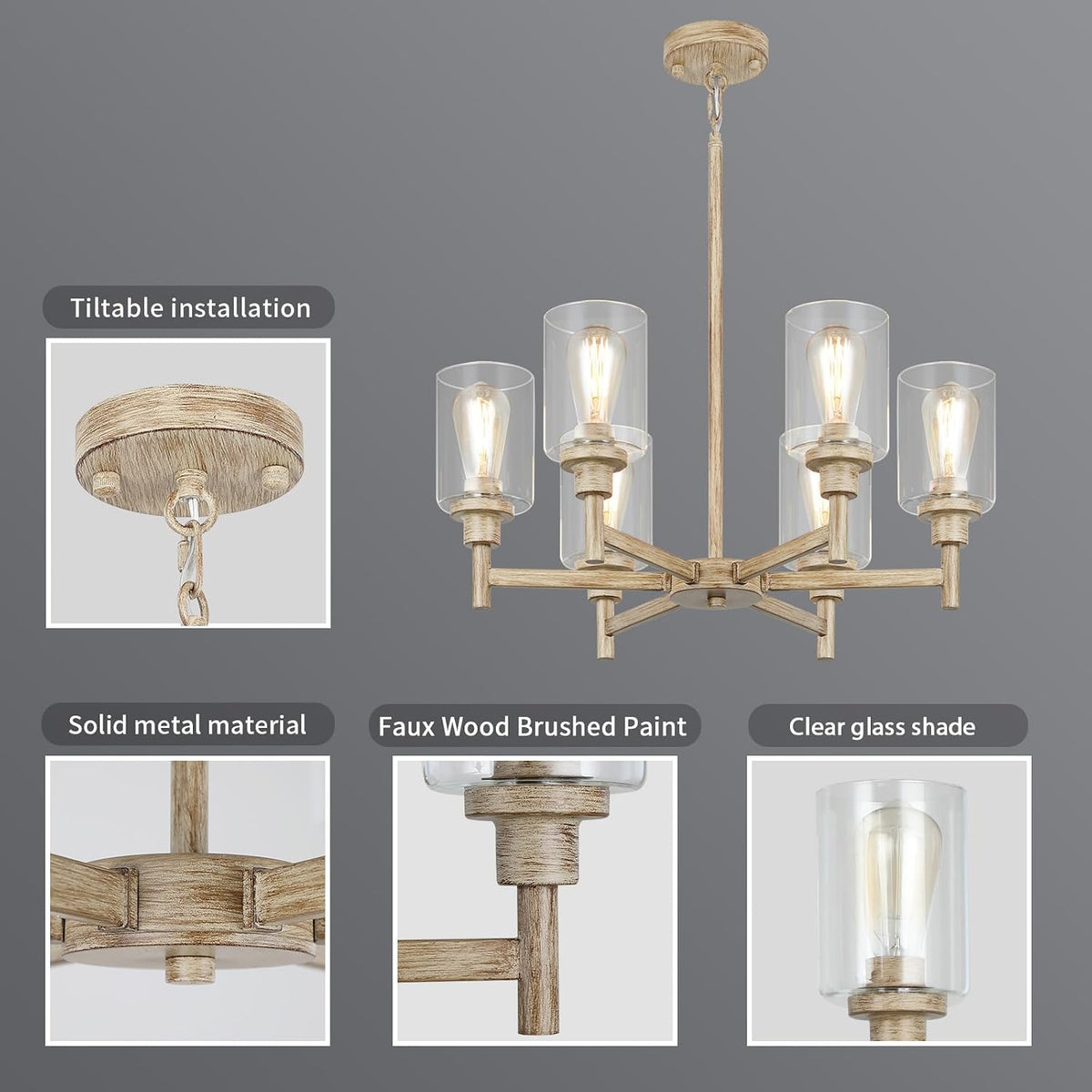 6-Light Rustic Farmhouse Chandelier, Dining Room Light Fixtures Over Table