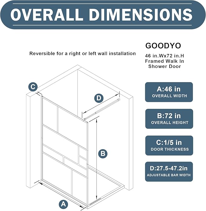 Goodyo 46 in. W x 72 in. H Bathroom Shower Glass Door Framed Tempered Clear (...