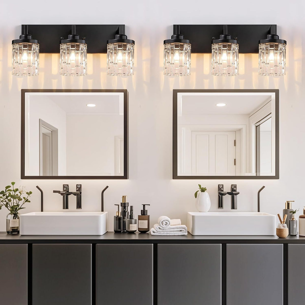 3 Light Black Bathroom Vanity Light, Modern Crystal Glass Light Over Mirror
