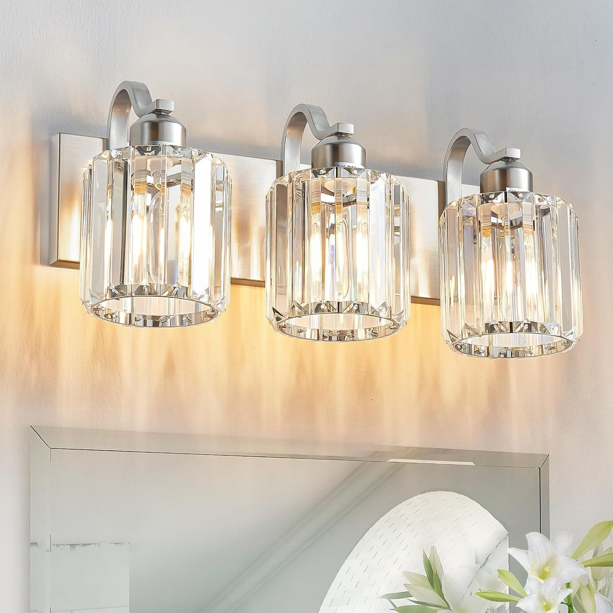 Modern Vanity Light 3-Lights Brushed Nickel Vanity Light Crystal Bathroom Wal...