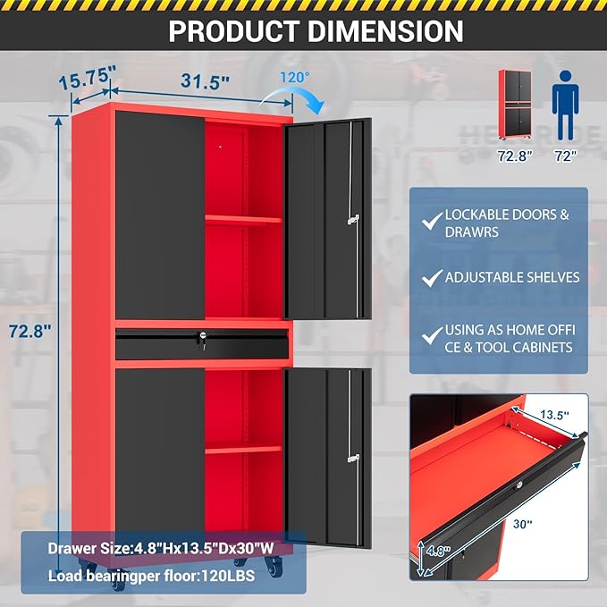 73" Metal Cabinet-Black & Red Heavy Duty Rolling Storage Cabinet Ste...