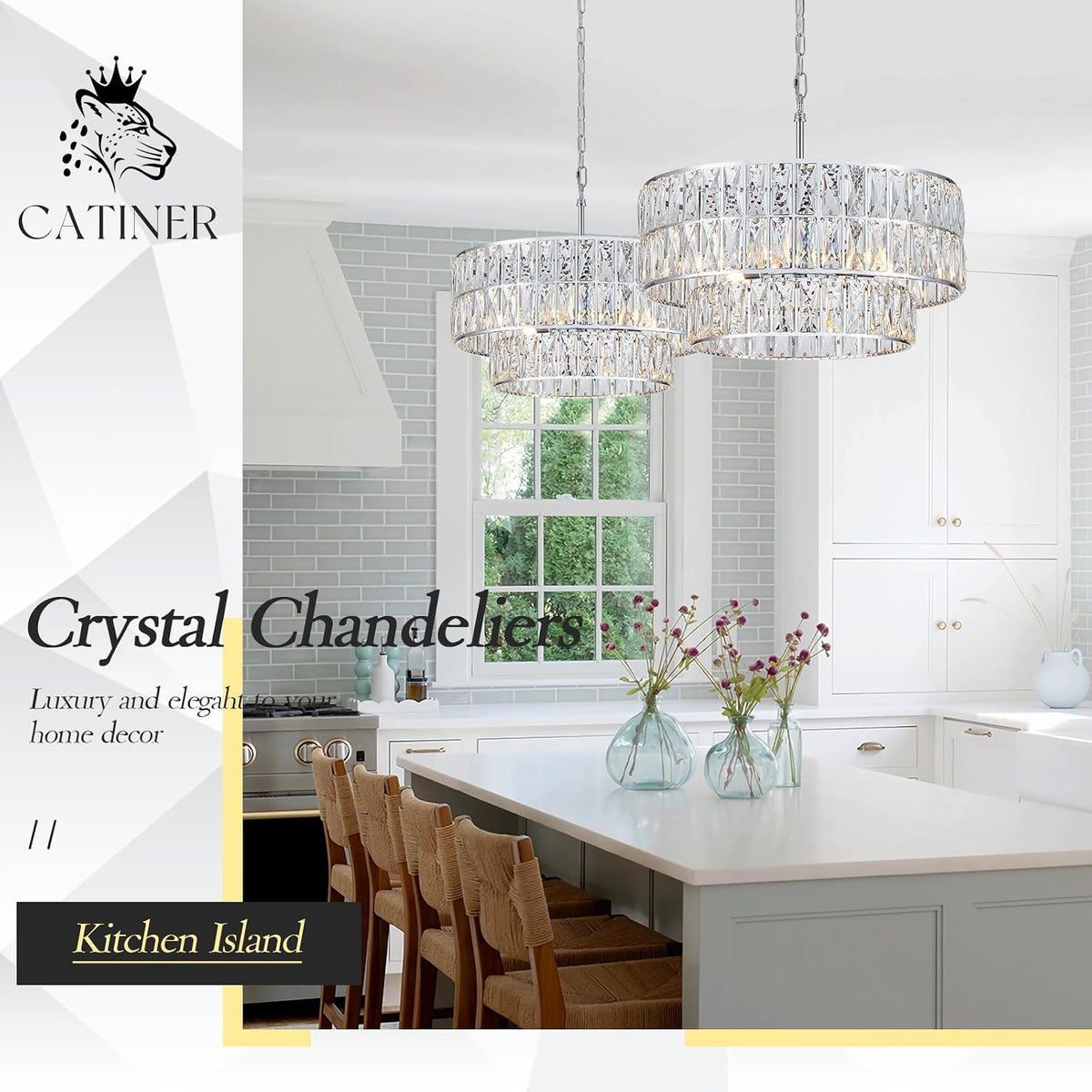 Chrome Crystal Chandelier 20" 6-Light Modern Semi Flush Pendant