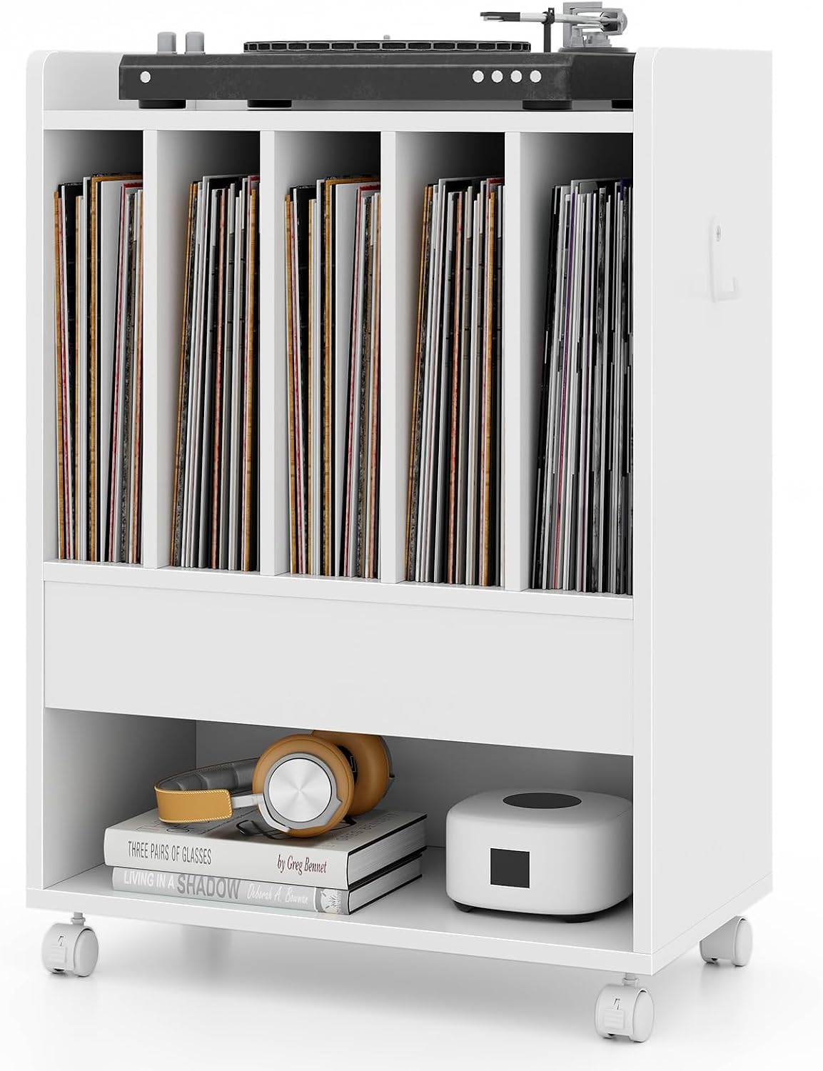 Rolling Record Player Stand with 4 Wheel, 5 Compartments, White