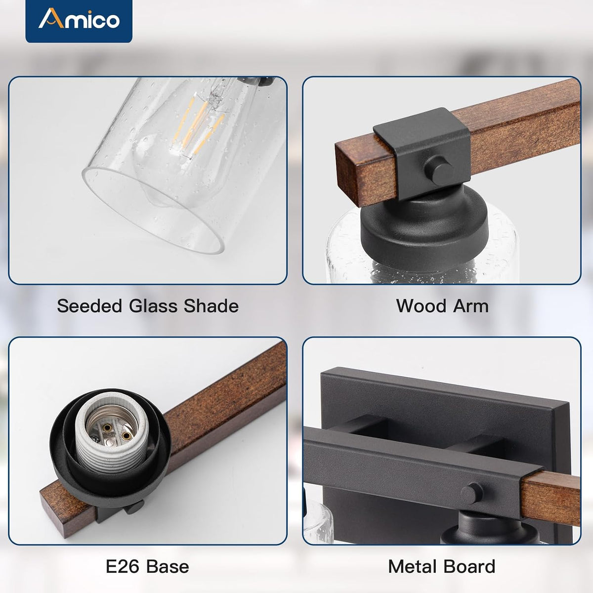 Amico 3-Light Farmhouse Bathroom Vanity Light, Seeded Glass, Black & Wood