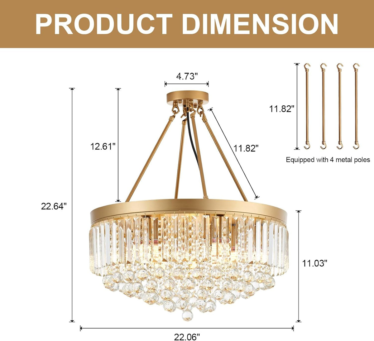 9-Light Gold Crystal Chandelier Contemporary 22'' Modern Semi Flush M...