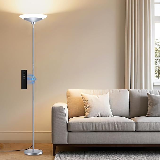 SIBRILLE Silver Torchiere Floor Lamp - 30W Dimmable LED Standing Lamp