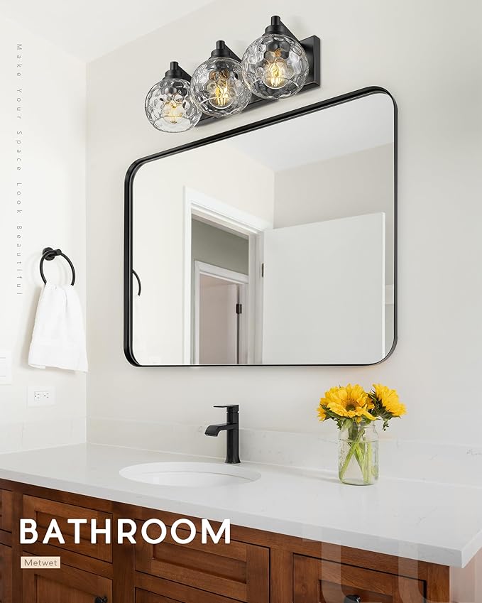 METWET Bathroom Light Fixtures Over Mirror, 3-Light Matte Black Vanity Light