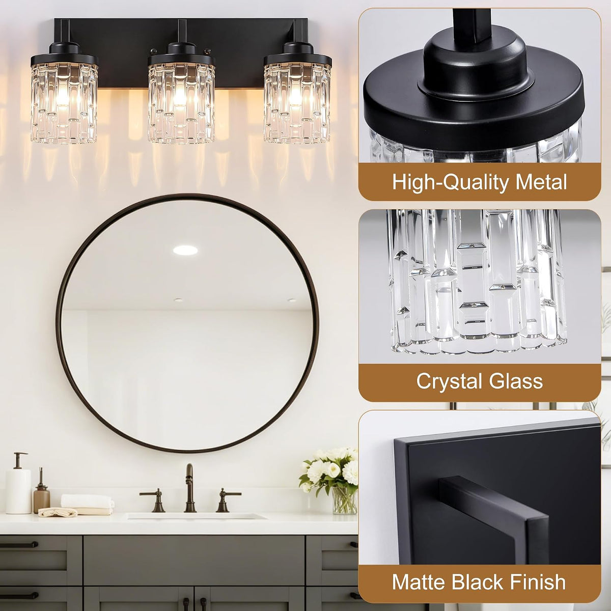 3 Light Black Bathroom Vanity Light, Modern Crystal Glass Light Over Mirror