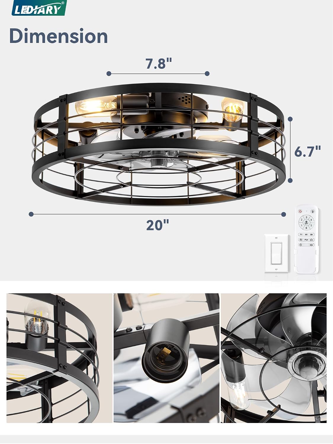 LEDIARY 20" Black Caged Low Profile Ceiling Fan with Light and Remote